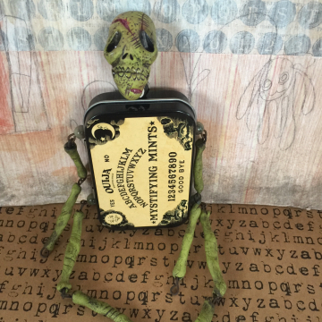 One of a Kind Folk Art Zombie Doll Grungy Handmade Mixed Media Sculpture Gothic Ouija Board Candy Tin Assemblage Curiosity oddities Macabre